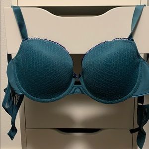 Chantelle bra 36B teal with lace overlay.